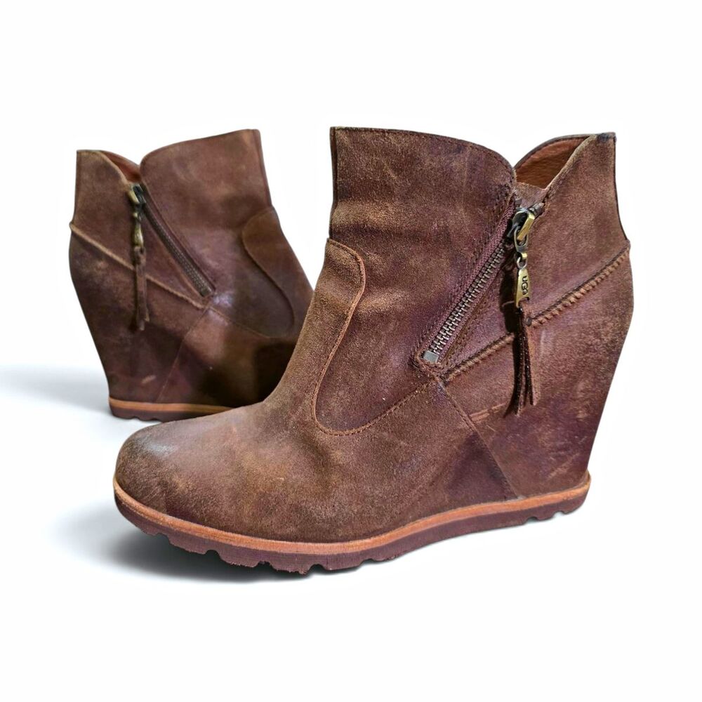 UGG Myrna Brown Distressed Leather Wedge Ankle Boots Size 10